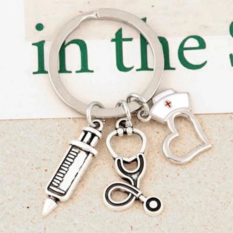 

Peach Heart-Shaped Nurse Cap, Syringe, Stethoscope, Keychain, Medical Keychain, A Friend’S Jewelry Gift