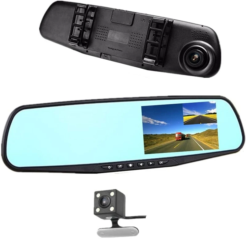 Espejo retrovisor DVR para coche, cámara de salpicadero de 4,3 pulgadas, 1080P, doble lente, grabador de vídeo de conducción, caja negra, cámara delantera trasera| | - AliExpress