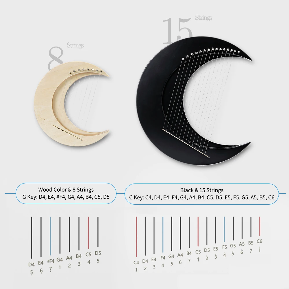 Lyre 15-string Crescent Moon Type Lyre C Key Harp Portable Steel Wire Strings Beginner Solid Wood Mini Stringed Instrument