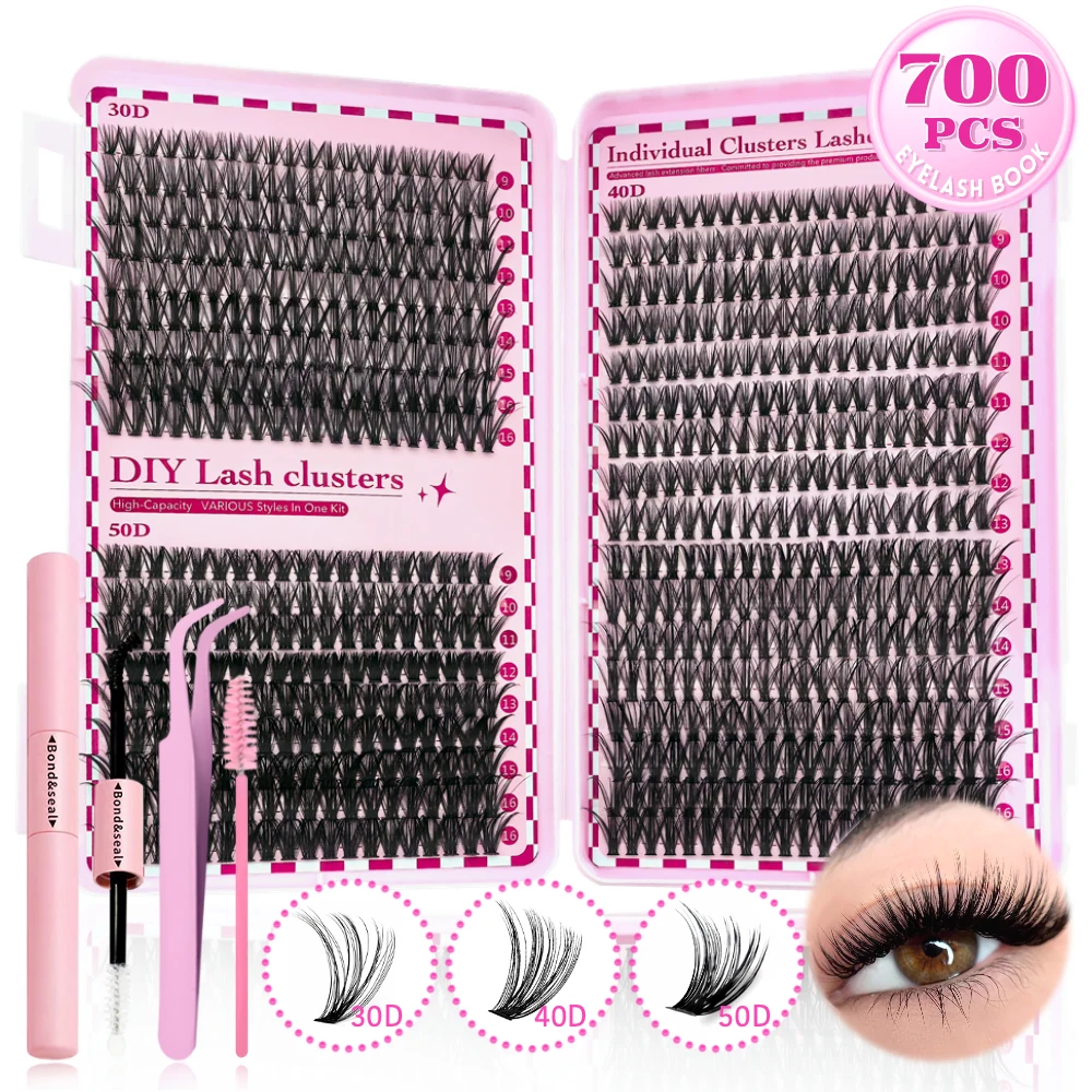 700PCS-30D/40D/50D 80D DIY Eyelash Extension Kit Mixed Length 9-16mm, D-Curl Eyelashes for DIY and Various Festive Celebrations