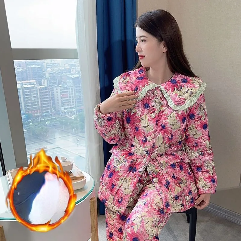 2023 New Women's Thickened Plush Sleepwear Coral Velvet Winter Loungewear Three-layer Cotton Sandwich Flannel Warm Homewear Set