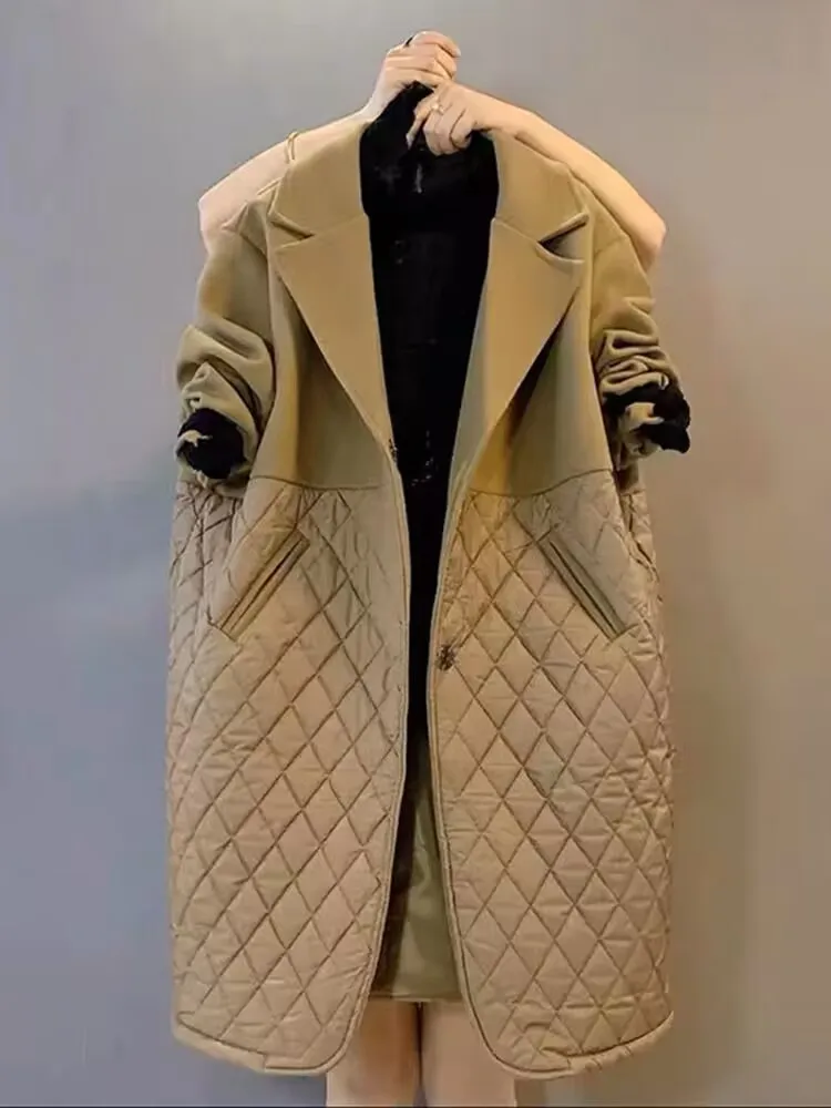 

Loose Down Cotton Jacket Plaid Stand Collar Padded Coat Vintage Midi Length Abrigos Winter Lightweight Casual Casaco