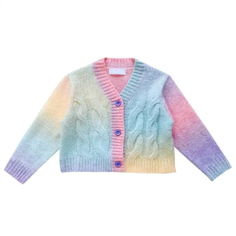 New Girls' Autumn Clothes Rainbow Knitted Cardigan Children's Foreign Style Sweater Pullover Baby Knitted Sweater