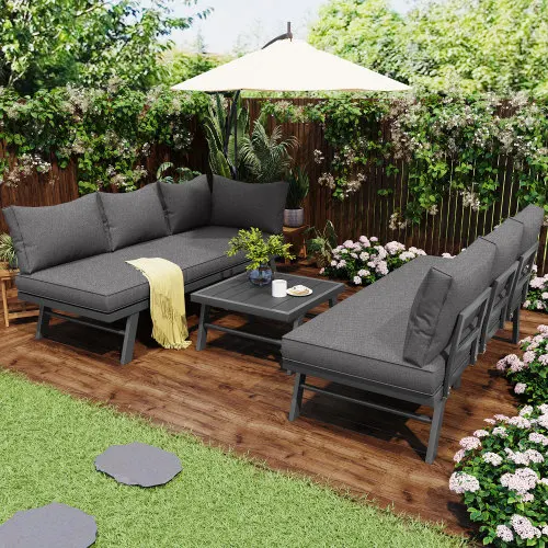 Set di mobili da giardino, set di poltrone per 5-6 persone, divani 2-3 posti, 1 tavolo, inclusi 7 cuscini grigi, ferro zincato 4