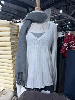 Solid Knitted Sweaters Woman Autumn Sexy V-neck Long Sleeve Slim Knitwear Top Female Casual Simple All-match Cotton Pullovers 1