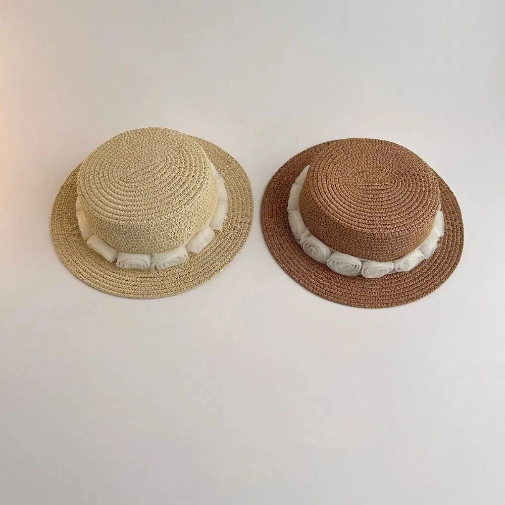 Trendy Summer Baby Straw Caps French Vacation Flower Lace Straw Hat Beach Travel Children Sun Hat for