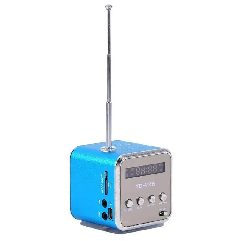 2X TD-V26 디지털 미니 FM 라디오 스피커 수신기(LCD 스테레오 스피커 지원 포함) 마이크로 TF 카드 Mp3 음악 플레이어 블루