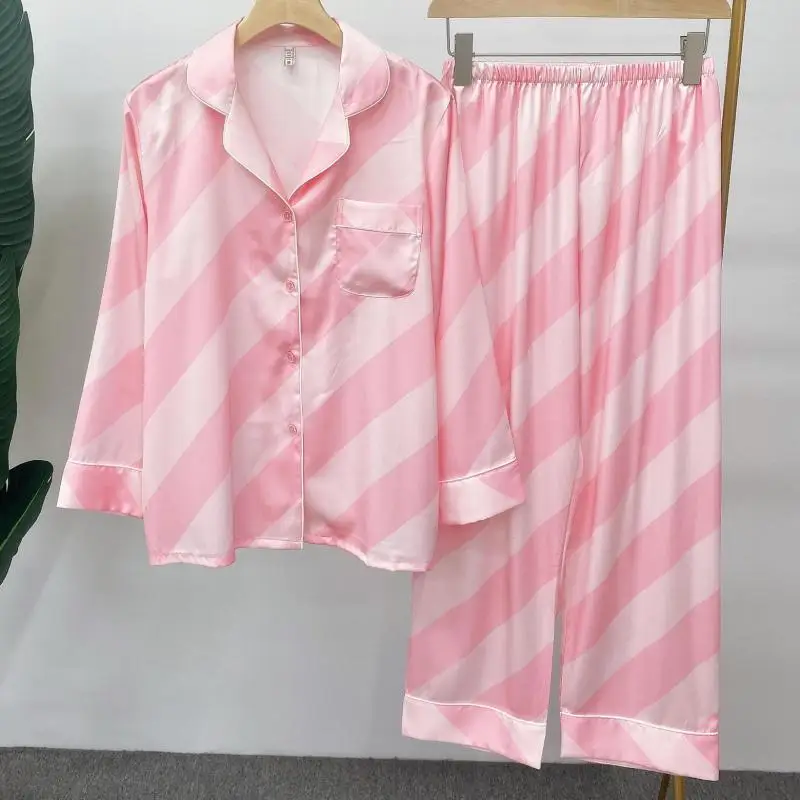

Tulin Fashion Pink Striped Women Pajamas Set Soft Lounge Wear Casual Sleepwear 2PCS Shirt&Pants Spring New Pyjamas Home Clothes