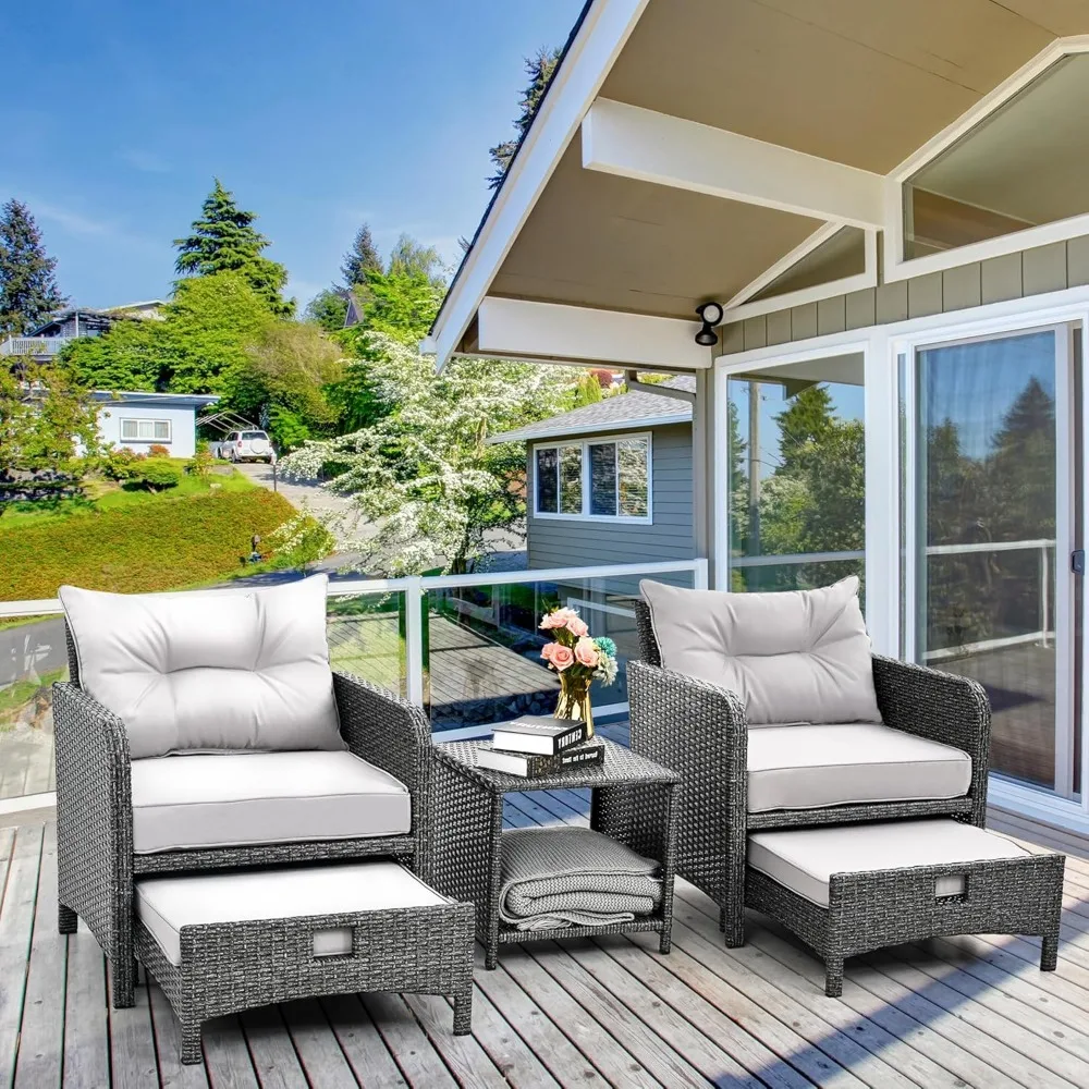 5 Pieces Outdoor Patio Wicker Chairs Set with Ottoman Outside Conversation Furniture Set with Cushions and Coffee 3