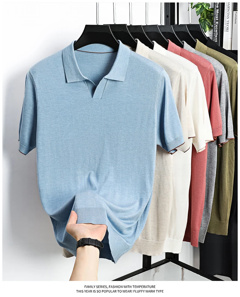 100% Lyocell Knitwear 2025 Men Spring Summer Trendy Turn Down Collar Knit Tees Short Sleeve Breathable Knit Tops