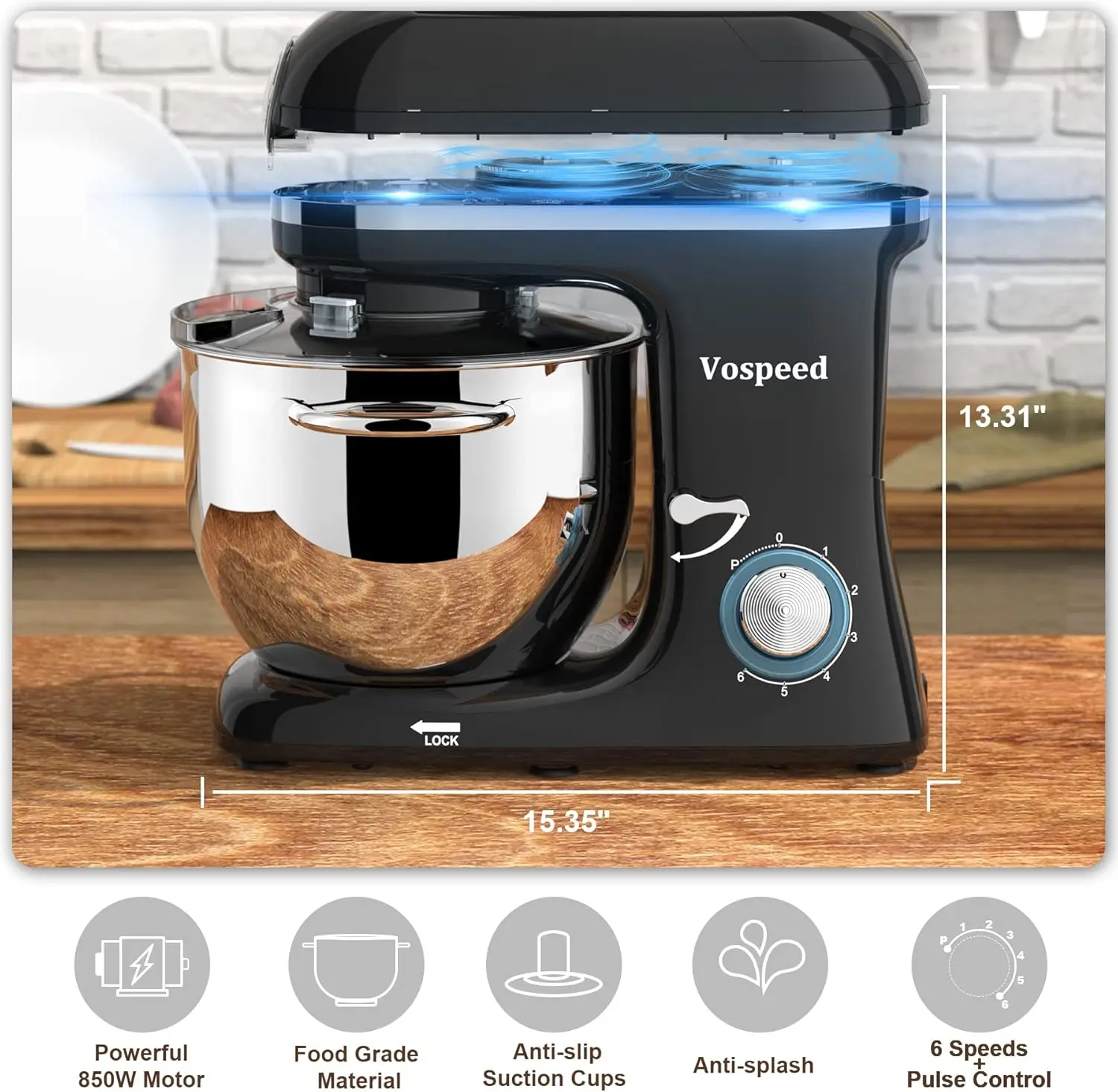9 IN 1 850W Tilt-Head Multifunctional Electric Mixer with 7.5 QT Stainless Steel Bowl, 1.5L Glass Jar, Beater Dishwasher Safe 6