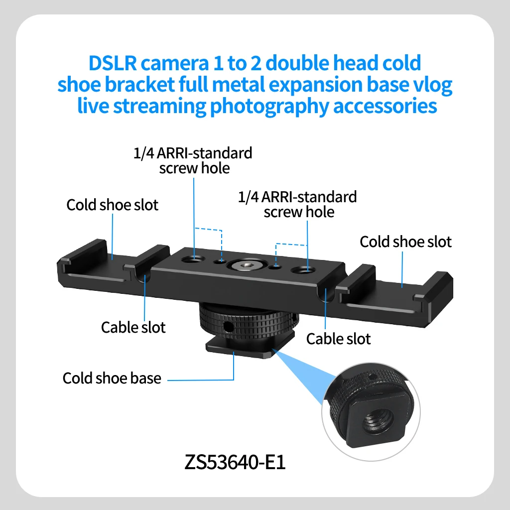 Double Cold Shoe Adapter 1/4 ARRI Mount Extension Bar 360 Rotatable Bracket for