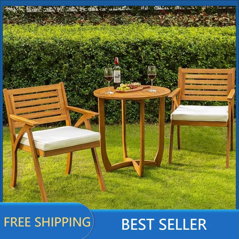 

100% FSC Certified Acacia Wood Premium Patio Bistro Set, Table & Armchairs w/Cushion, Teak Finish, Large, Spacious Design