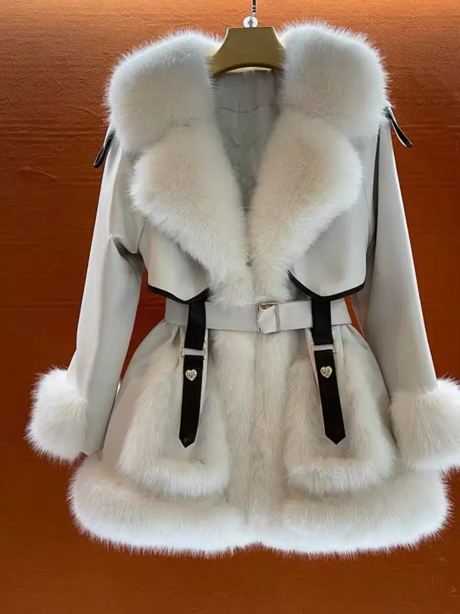 Elegant Mid-Length Fur Coat Women's Winter Warm Leather Fur Integrated Top with Big Fur Collar And Belt Casual Style