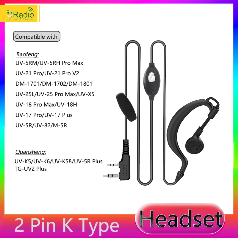 QuanSheng UV K5 이어피스, UV18Pro 용 헤드셋, 2 핀, UV K6 UV 5R 플러스 BF DM-1701 UV 17 플러스 워키토키 헤드폰, 양방향 라디오 