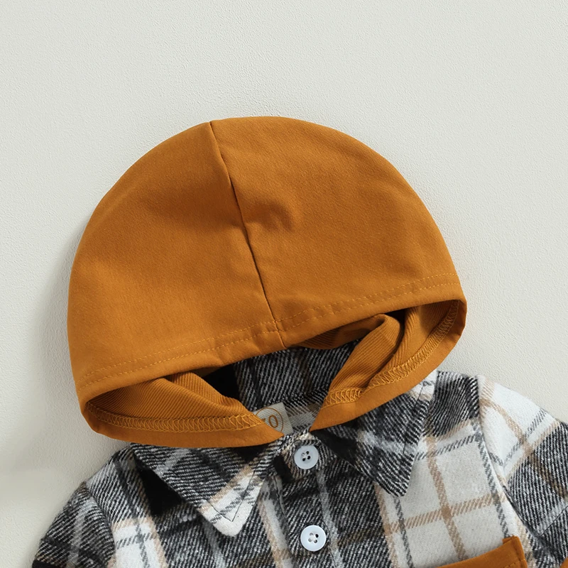 SUNSIOM Baby Boys Shirts Plaid Patchwork Long Sleeve Hooded Turn-Down Collar Buttons Toddler Hoodies Fall Infant Tops