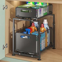 Adjustable Height Household Cabinet Basket, Double Drawers, Sliding Sink Storage Rack, Space Saving Kitchen Storage Rack 5