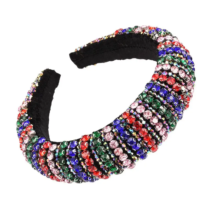 Baroque Luxury Full Jewelry Wide Hair Hoop Women Colorful for Rhinestone Beaded Stripes Headband Delicate Thick Padded Bandana