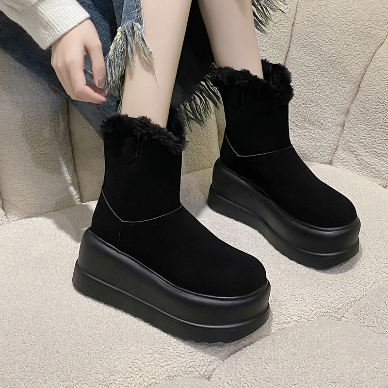 

Ботинки с круглым носком, зимняя обувь, сапоги-женские, австралийская обувь на плоской подошве, Лолита 2023, на высоком каблуке, Дамская резиновая обувь, из флока, на шнуровке