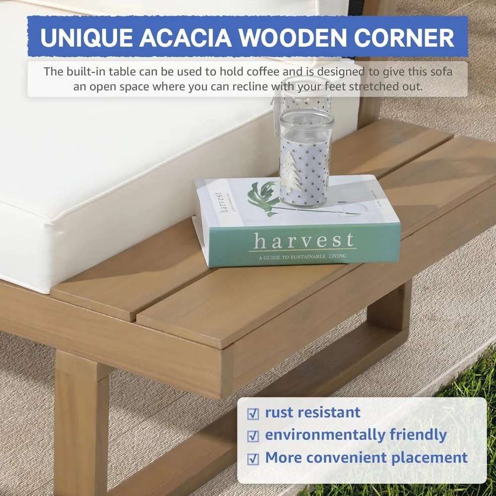 4 Piece Acacia Wood L-Shaped Outdoor Sectional Sofa Set with Built-in Side Table and Cream White Cushions, Conversation Set 6