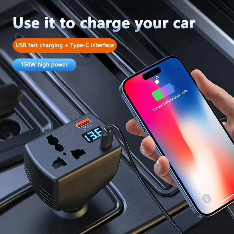 Dual Voltage Car Power Inverter with AC Outlet and USB Fast Charging Port
