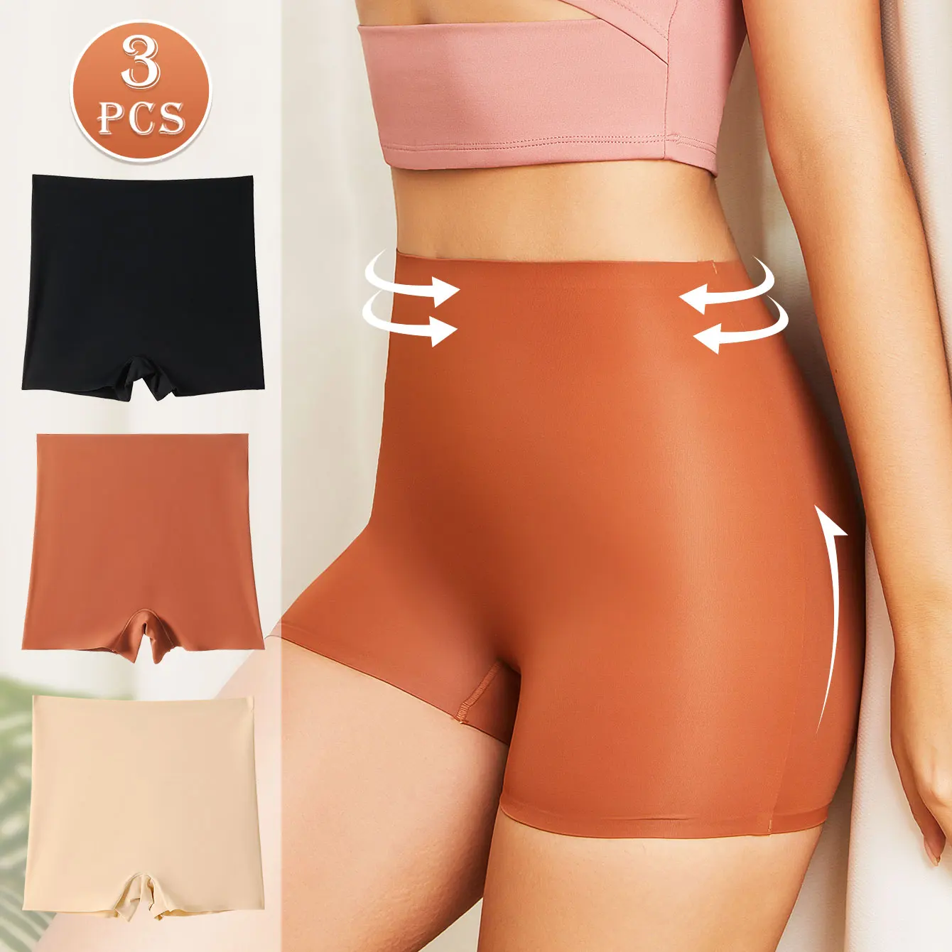 3PCS Slip Safety Shorts High Waist Protective Women Ice Silk Boyshorts Anti Chafing