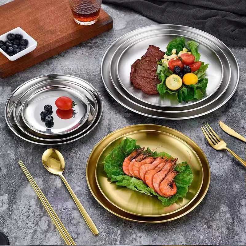 

Dinner Round Plate Golden Silver Stainless Steel Tray High Quality Korean Fruit Steak Cake Tableware Dish Nordic Style 2023 New