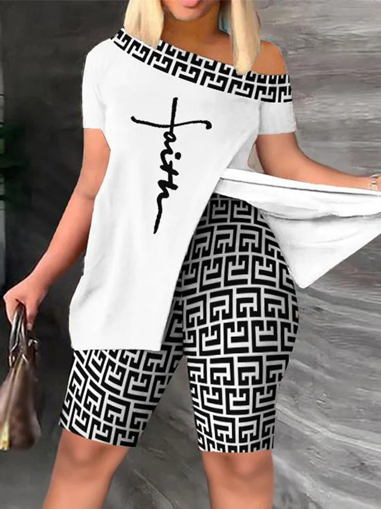 Plus Size Faith Geometric Print Split Hem Top & Shorts Set