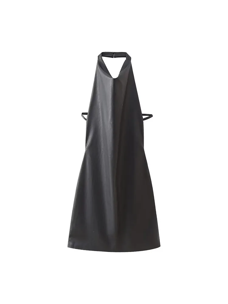 

Women 2023 Autumn New Chic Fashion With Artificial Leather Hanging Neck Collar Mini Dress Vintage Backless Female Dresses