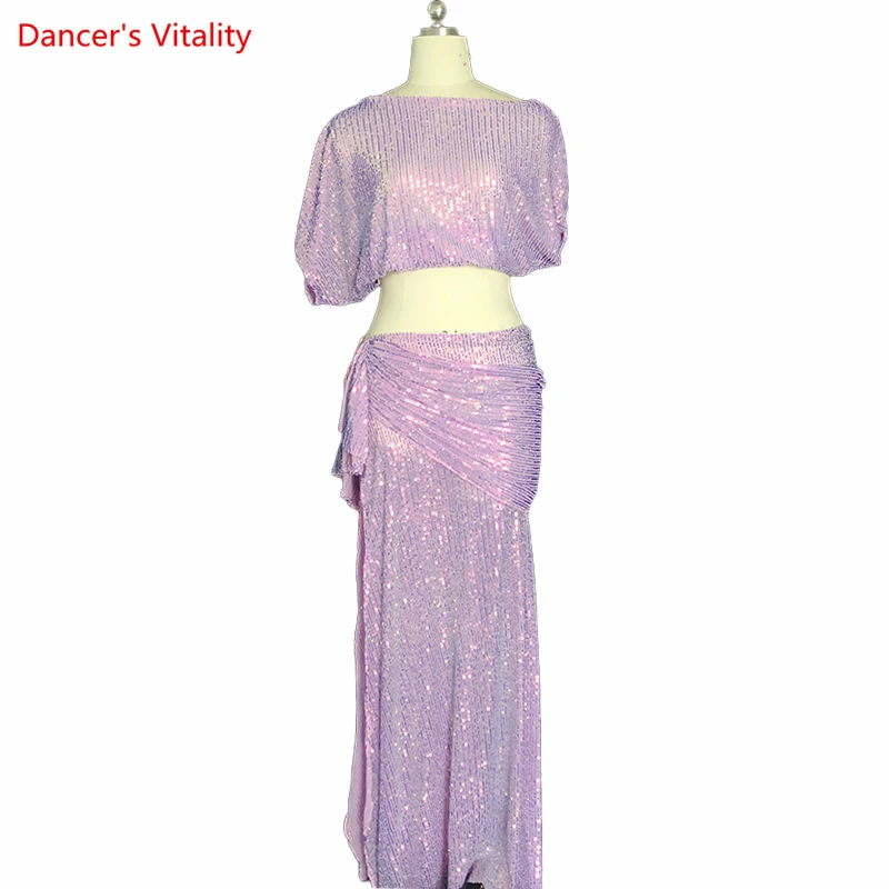 

Belly Dance Performance Costume Dress Customzied Short Sleeves Top+bling Bling Long Skirt 2pcs for Women Bellydancing Wear