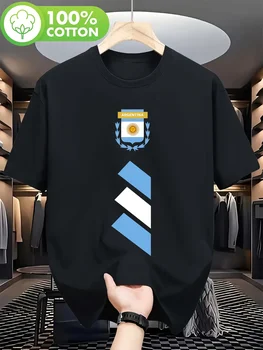 T-shirt da Uomo Stile Tifoso Sportivo 100% Cotone, Blu e Bianco con Emblema Argentina a Chevron Stampato sul Davanti, Oversize, Delicato sulla Pelle, per Uso Quotidiano