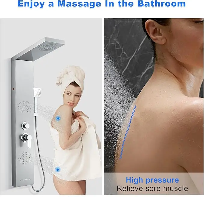 ROVATE LED Shower Panel Tower System Mist Rain Bathroom Stainless Steel 5 IN 1 Column Tub Spout 2 Full Body Massage Jets Brushed