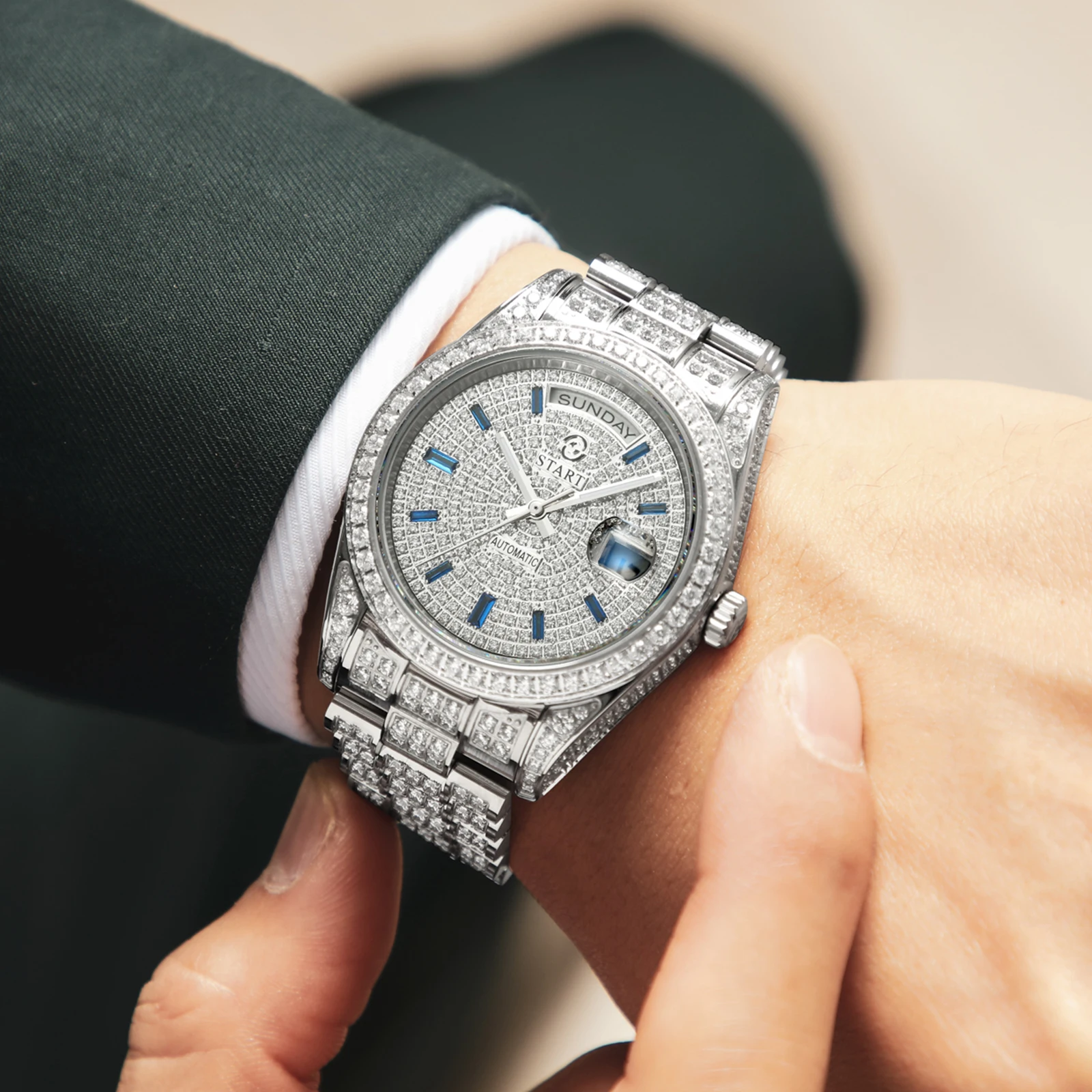 【start】men's watch swiss automatic mechanical movement diamond watch waterproof date week function golden watch 【START】Men's watch Swiss Automatic Mechanical Movement Diamond Watch Waterproof Date Week Function Golden watch 1