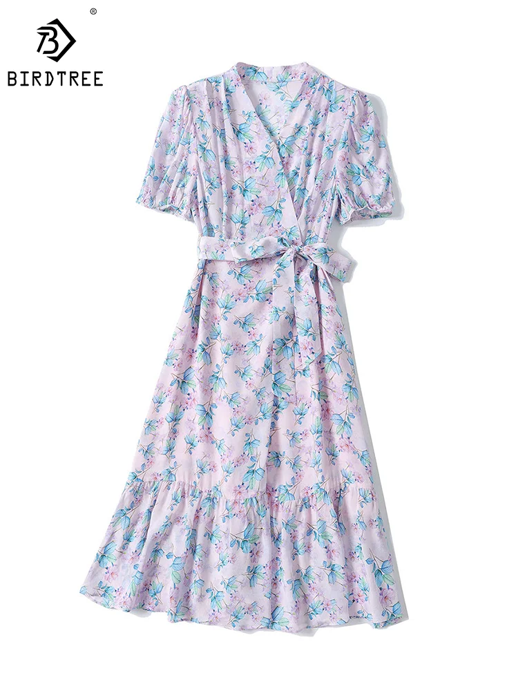 

Birdtree 100%Mulberry Silk Flower Dresses Women's V-Neck Puff Sleeve Belted Print Elegant Dress 2023 Summer Autumn New D38490QM