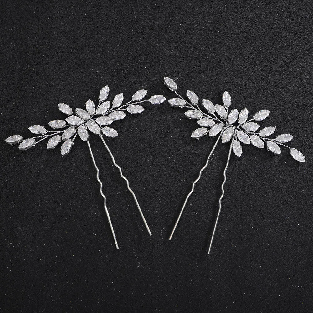 2PCS Wedding Zircon Hair Pins Silver Bridal Bride Hair Accessories for Women Handmade Bridesmaid Piece Tiaras Gold Tiaras
