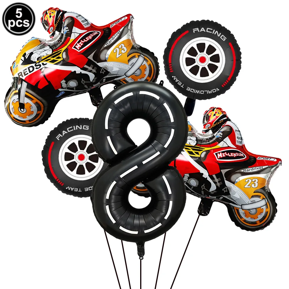 5 Stücke Motorrad Folienballon Schwarz Anzahl Motorrad Rad Reifen Ballon Jungen 5. Geburtstag Party Rennwagen Thema Party Dekor – Detail 9