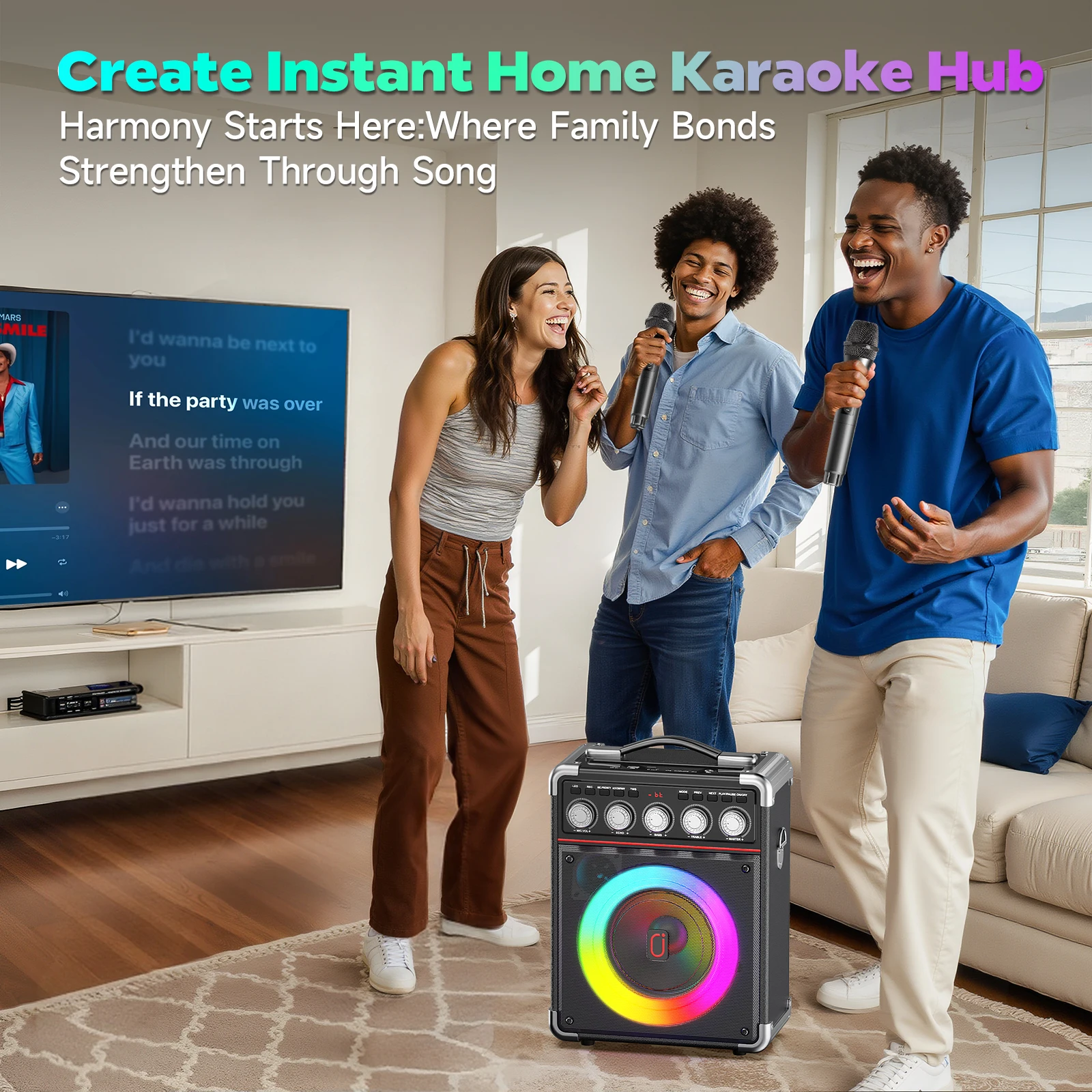 TX05 Karaoke Machine, Portable Bluetooth Karaoke Speaker with 2 Wireless Microphone, PA System with Bass/Treble/Echo Adjustment