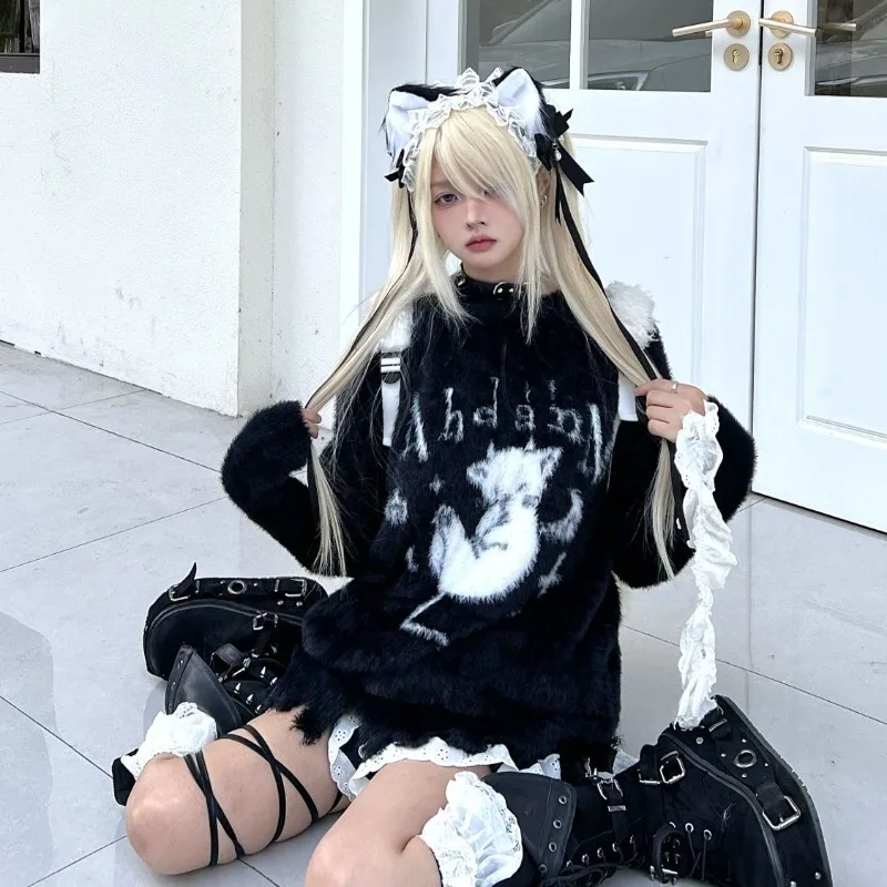 

American devil cat black round neck college style sweater for women winter new furry subculture loose warm sweater top fashion