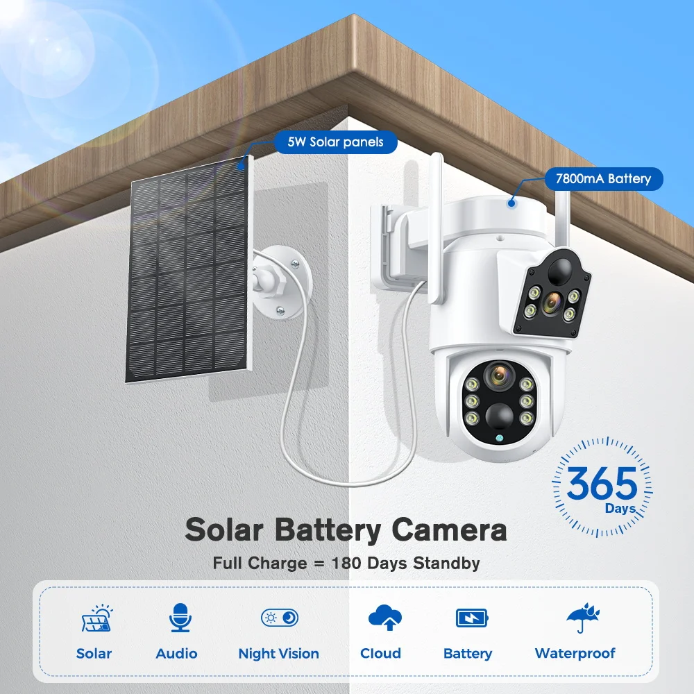 Solar IP Camera WiFi Outdoor Dual Lens PTZ Security Camera 4MP HD Built in Battery Solar Panel Wireless Camera PIR Alarm iCsee 2