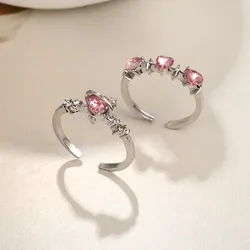 Fashion Y2K Pink Heart Crystal Heart Rings Elegant Delicate Rhinestone Ring Women Light Luxury Bow Knot Finger Ring Jewelry Gift