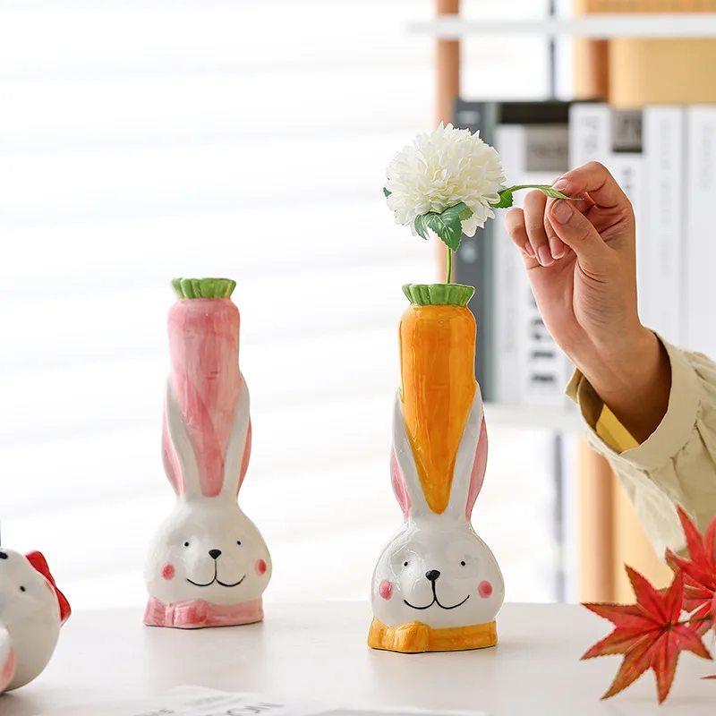 Creative cartoon rabbit carrot shape ceramic vase, pastoral style home living room desktop decoration ceramic vase ornaments 3