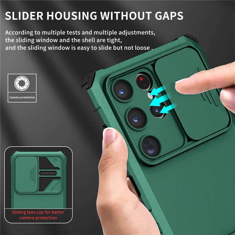 Shockproof Slide Lens Camera Case with Armor Stand Holder & Back Cover