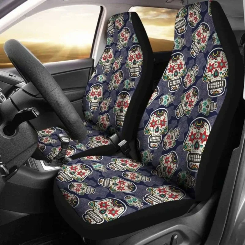

Set 2 Sugar Skulls Day Of The Dead ,Pack of 2 Universal Front Seat Protective Cover