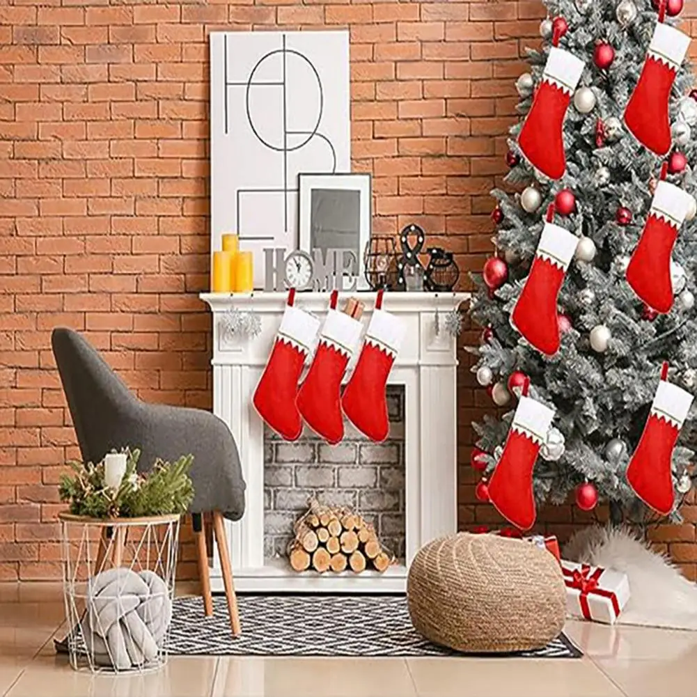 

Gold Edge Embossed Ribbon Hooks Festive 3d Socks White Christmas Stockings with Gold Trim Holiday Decorations for Family