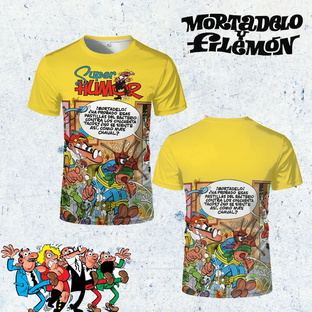 Mortadelo Filemon Anime-Charakter-Druck-T-Shirts, Rundhalsausschnitt, modisches lustiges Muster, kurze Ärmel, lässige, atmungsaktive Outdoor-T-Shirts