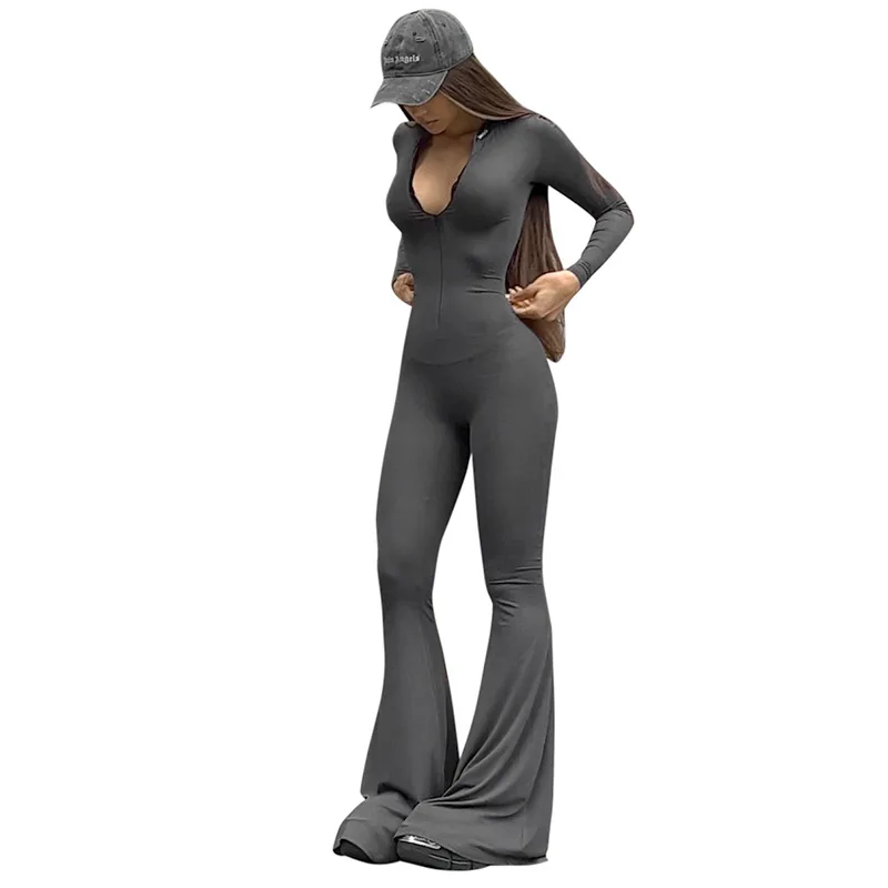 Zipper Sexy Jumpsuits Elegant One Piece Bodycon Rompers Flare Wide Leg Pants 2023 Winter Fall Women Solid Jumpsuits Bodysuits