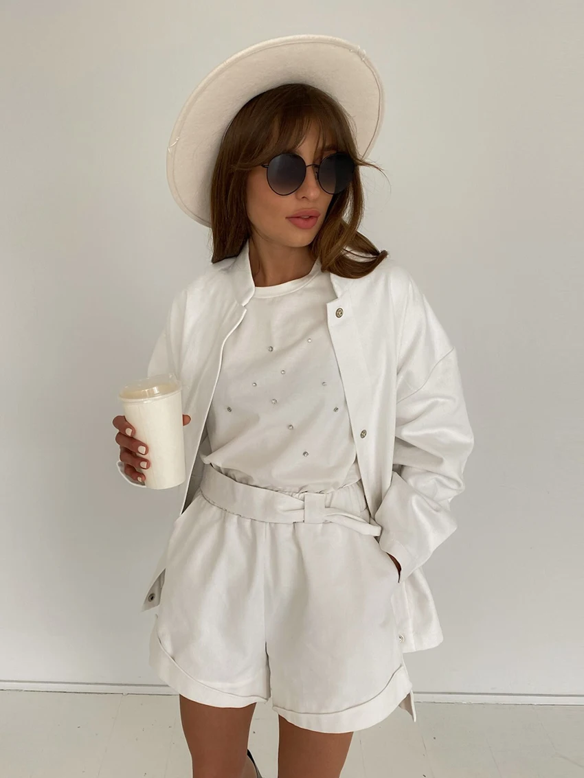 Marthaqiqi Cotton Loose Women'S Pajamas 2 Piece Suit O-Neck Sleepwear Long Sleeve Nightgowns Shorts Casual Ladies Nightwear Sets