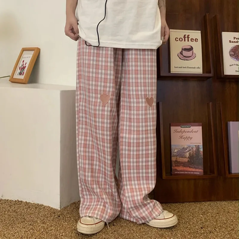 

Love Embroidery Plaid Pants Korean Fashion Women Loose Wide Leg Pants Harajuku High Waist Female Pink Plaid Trousers