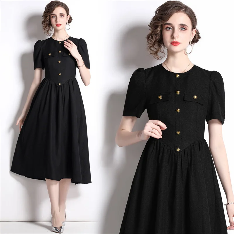 

Elegant Class Retro Black Color Women Party Robe Dress Big Swing High Waist Tunic Bodycon Buttern French Hephburen Vestidos