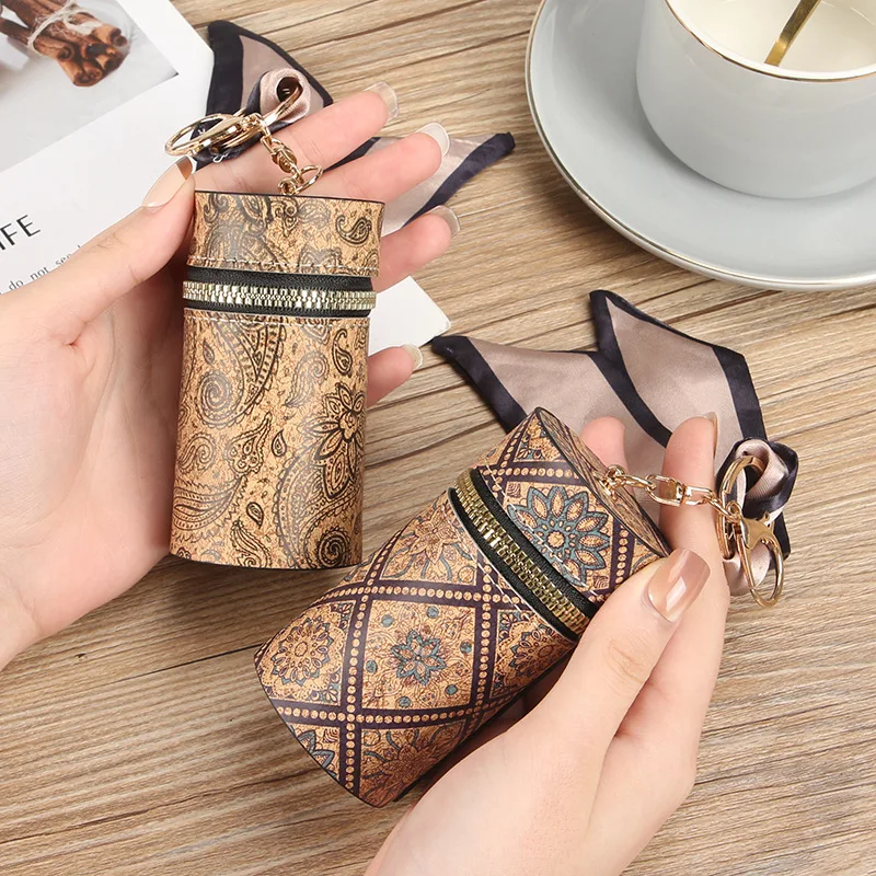 Leather wood grain mouth red envelope retro round bucket bag cute student portable multifunctional keychain for women